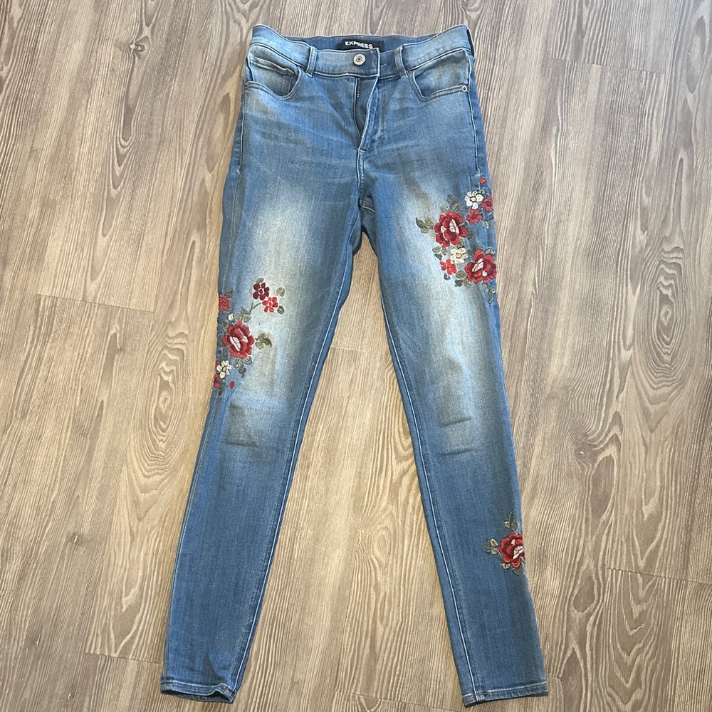 Express Blue Skinny Jeans with Red Floral Design